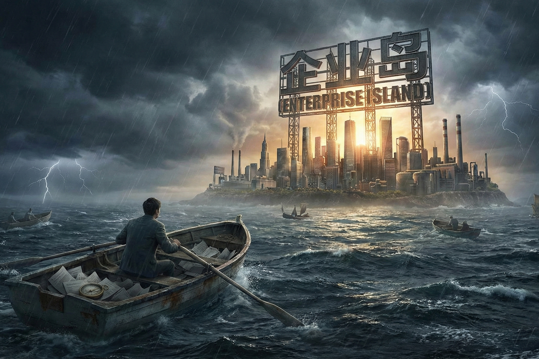 图片中人物划船寻找一个叫企业岛的岛屿