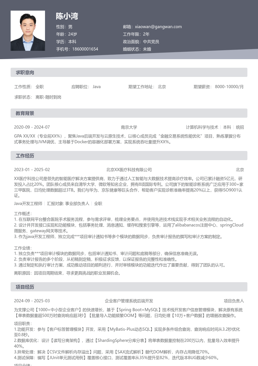 中级Java未来简历模板