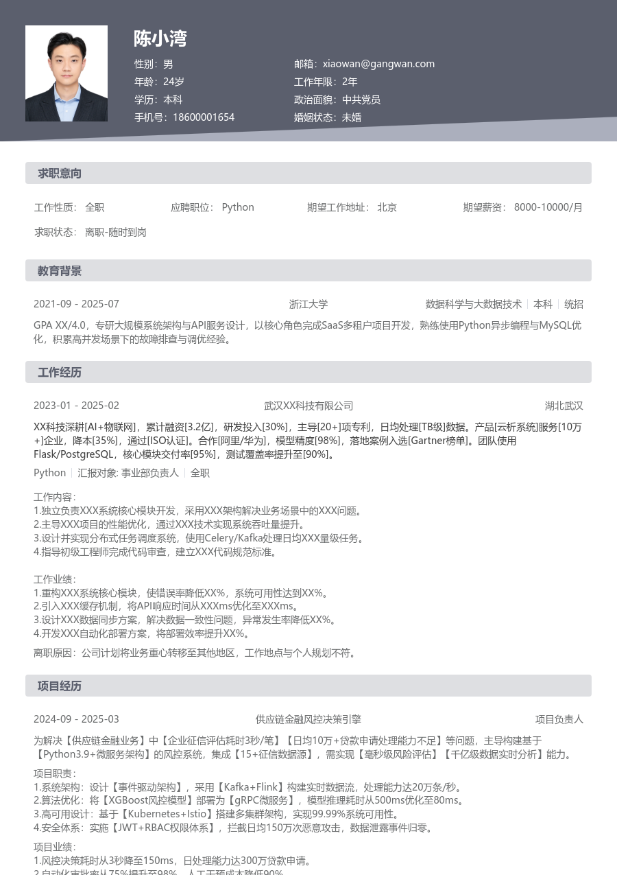 中级Python现代简历模板