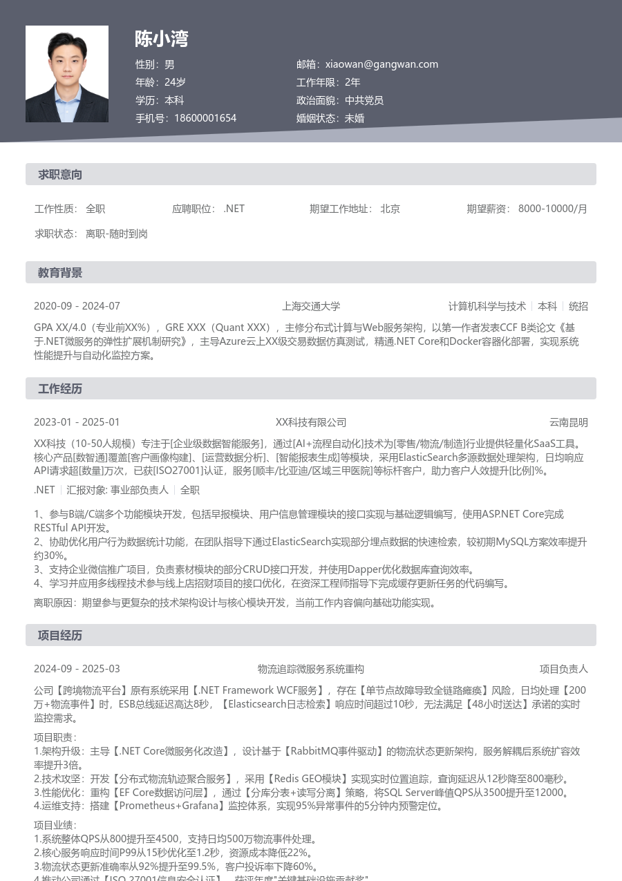 初级.NET现代简历模板