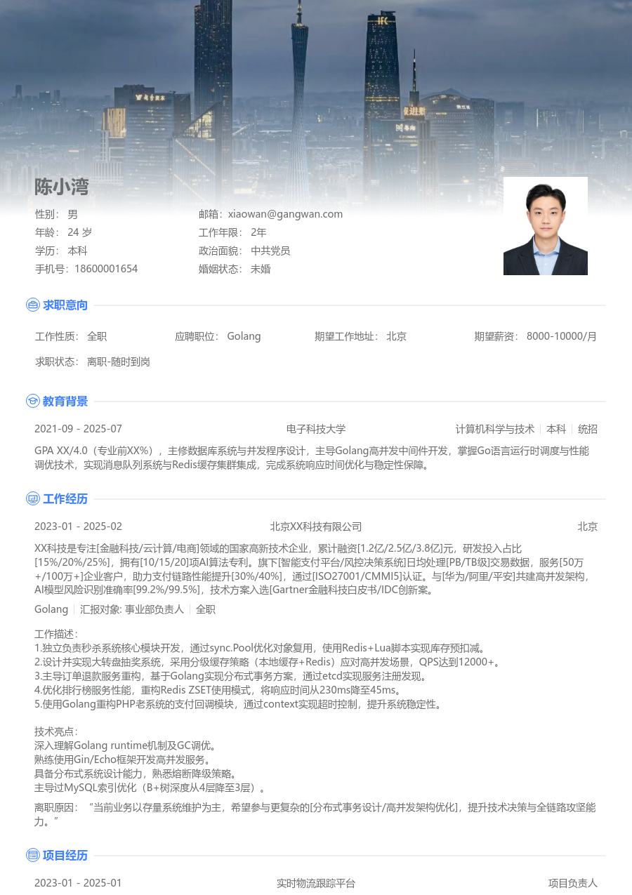 中级Golang干练简历模板 - 包含工作经历、项目经验的Golang简历模板预览图
