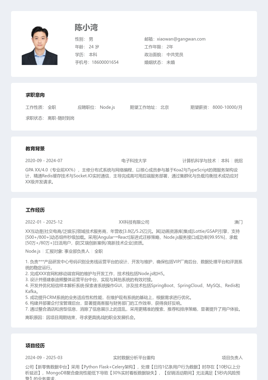 初级Node.js学术简历模板