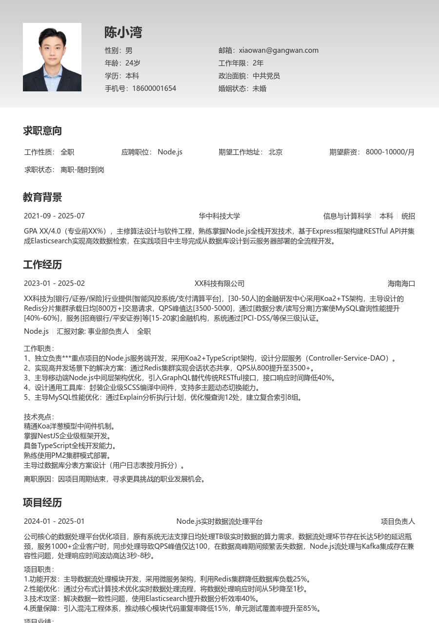 高级Node.js专业简历模板