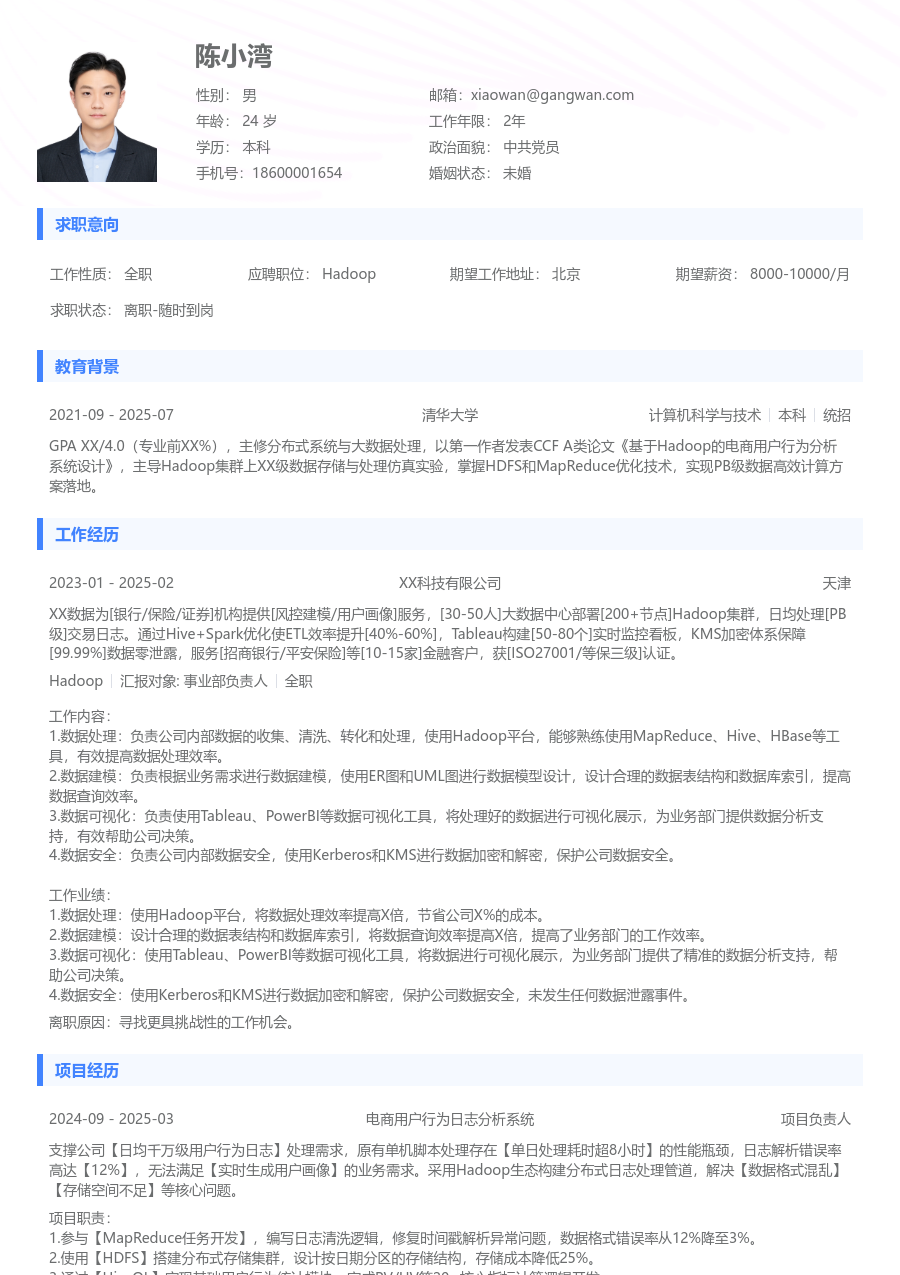 在校生Hadoop极简简历模板