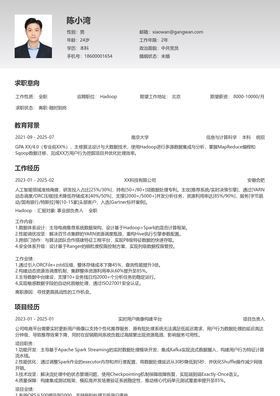 中级Hadoop缜密简历模板