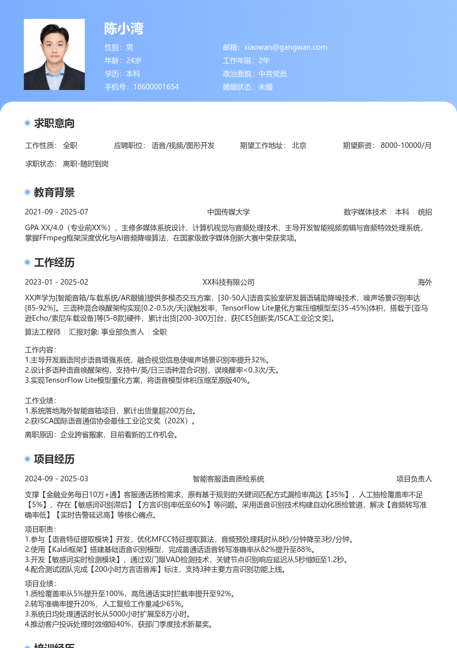 初级语音/视频/图形开发利落简历模板