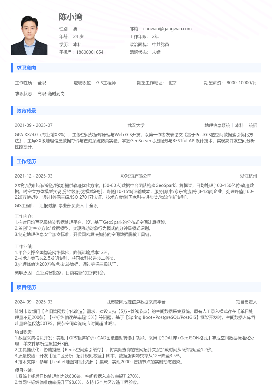 在校生GIS工程师清爽简历模板