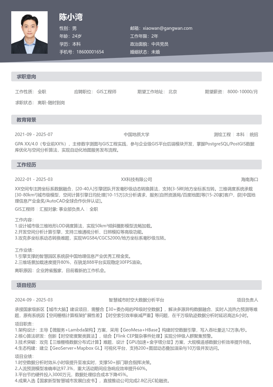 初级GIS工程师个性简历模板