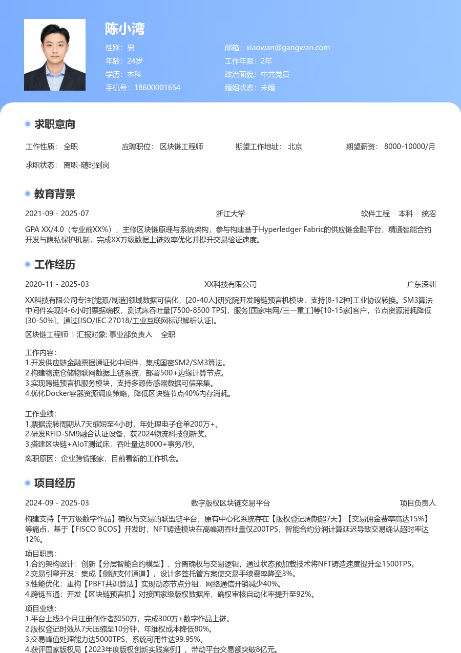 应届生区块链工程师现代简历模板