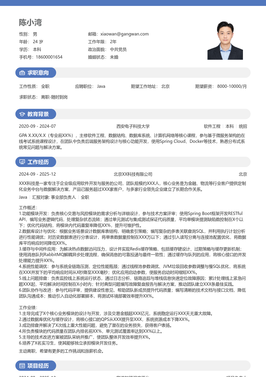 初级Java正式简历模板