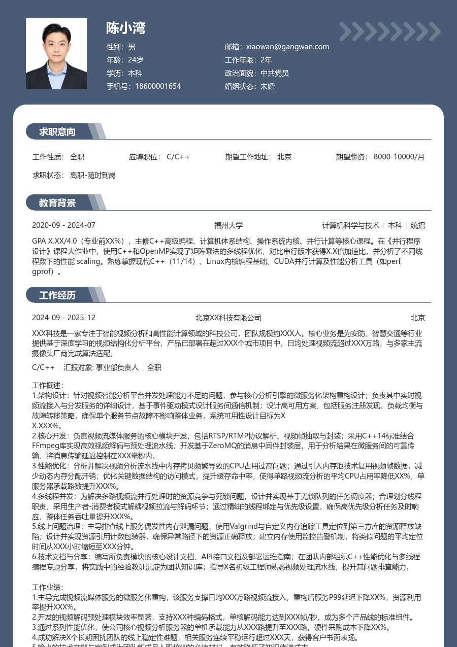 中级C/C++通用简历模板