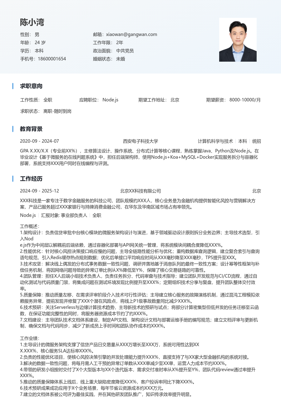 中级Node.js干练简历模板