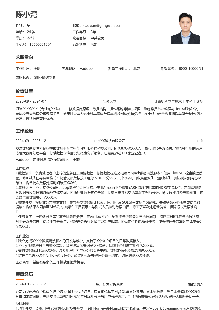 在校生Hadoop清新简历模板