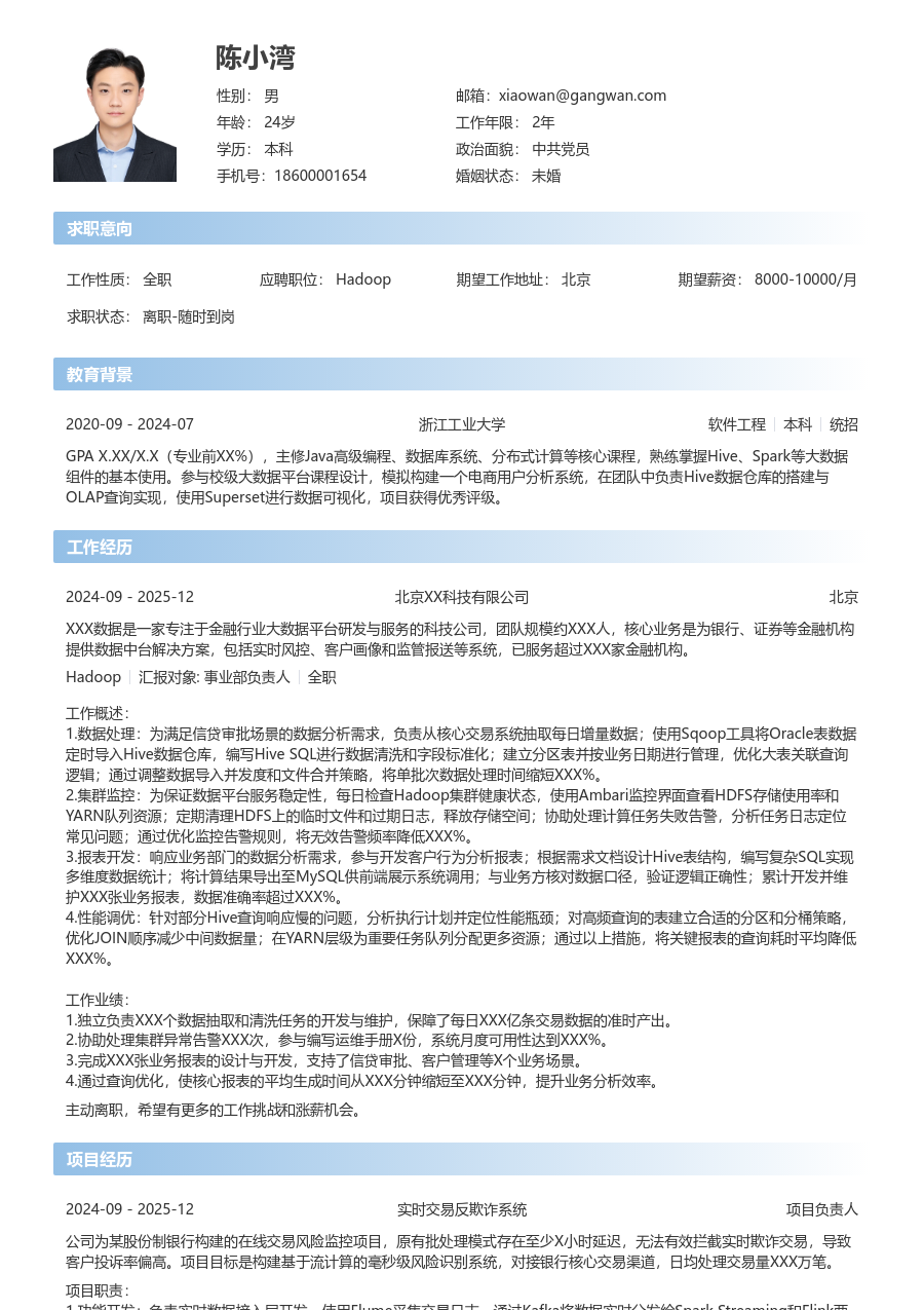 应届生Hadoop现代简历模板