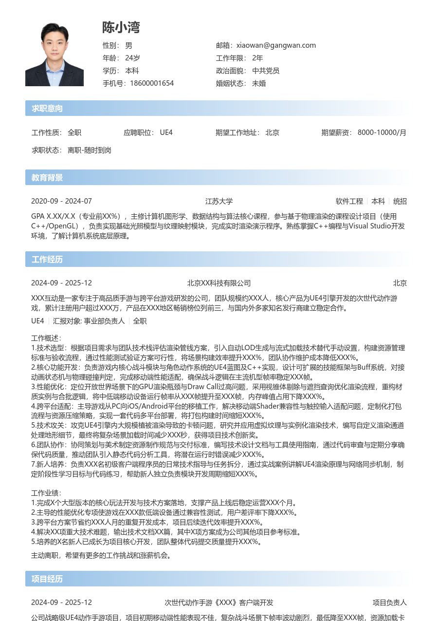 资深UE4沉稳简历模板