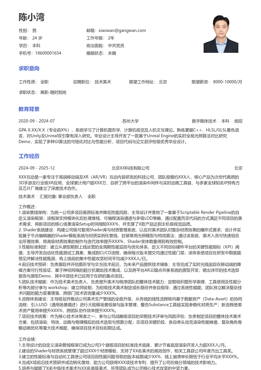 高级技术美术活泼简历模板