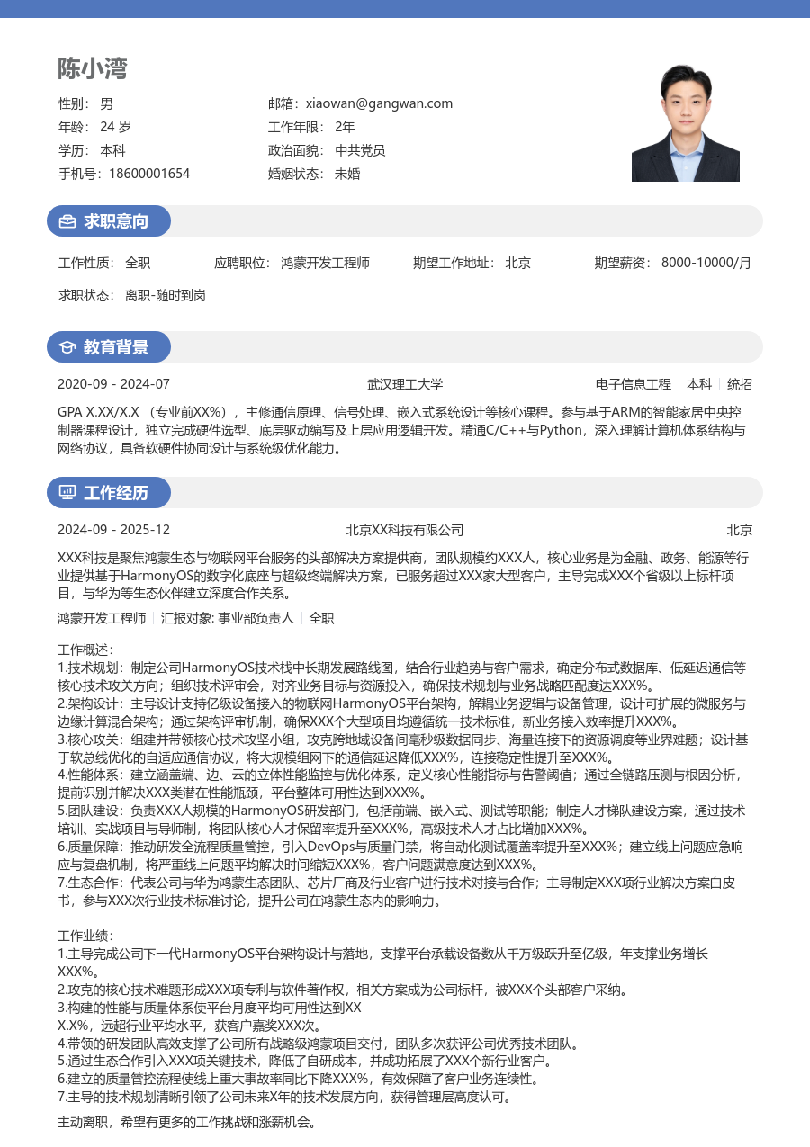 高级鸿蒙开发工程师专业简历模板