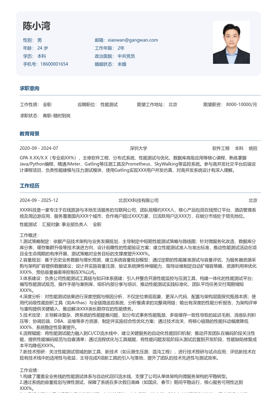 中级性能测试素净简历模板
