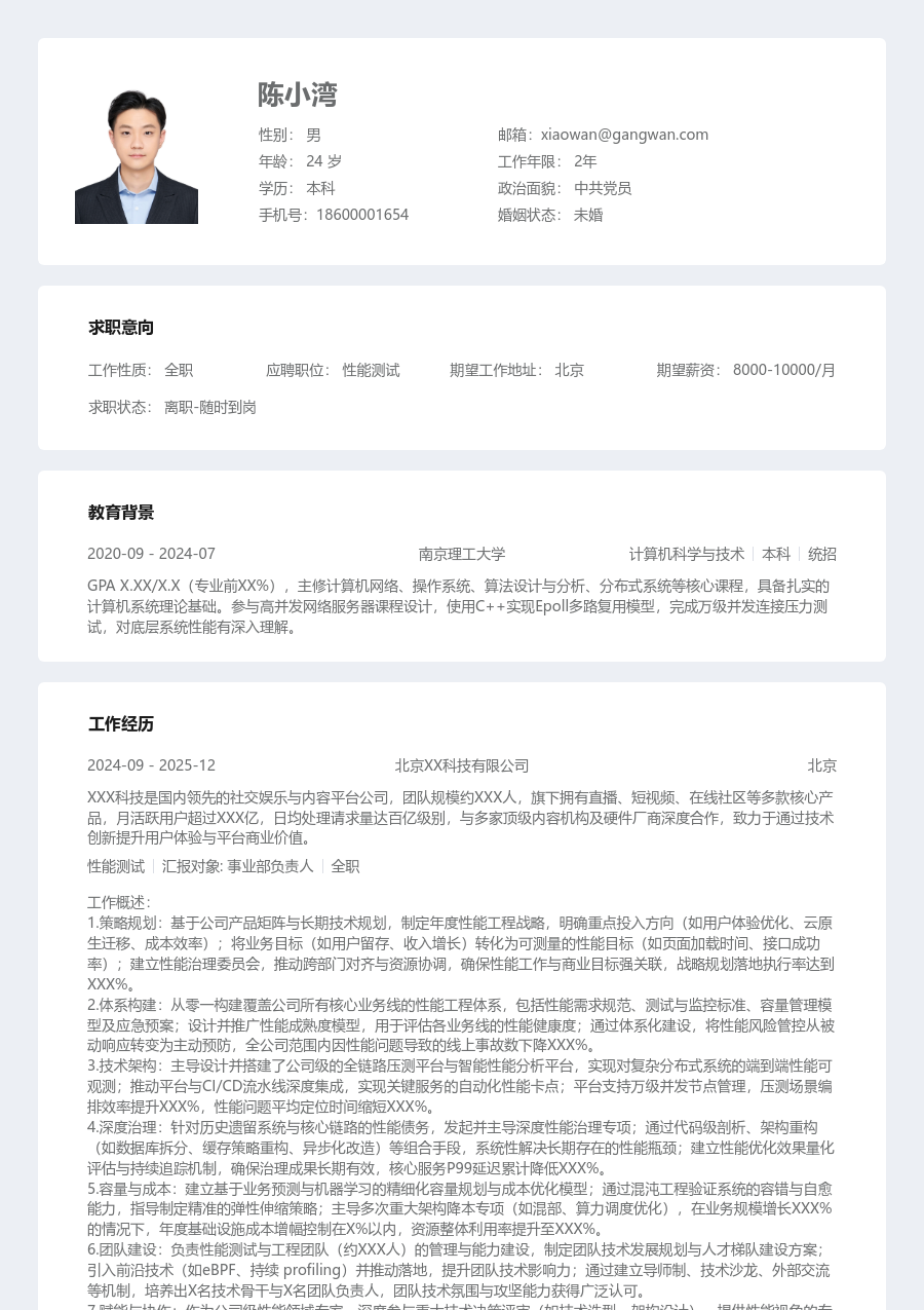 高级性能测试学术简历模板