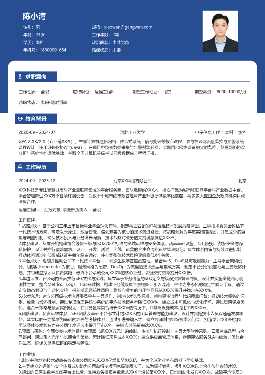 资深运维工程师清爽简历模板