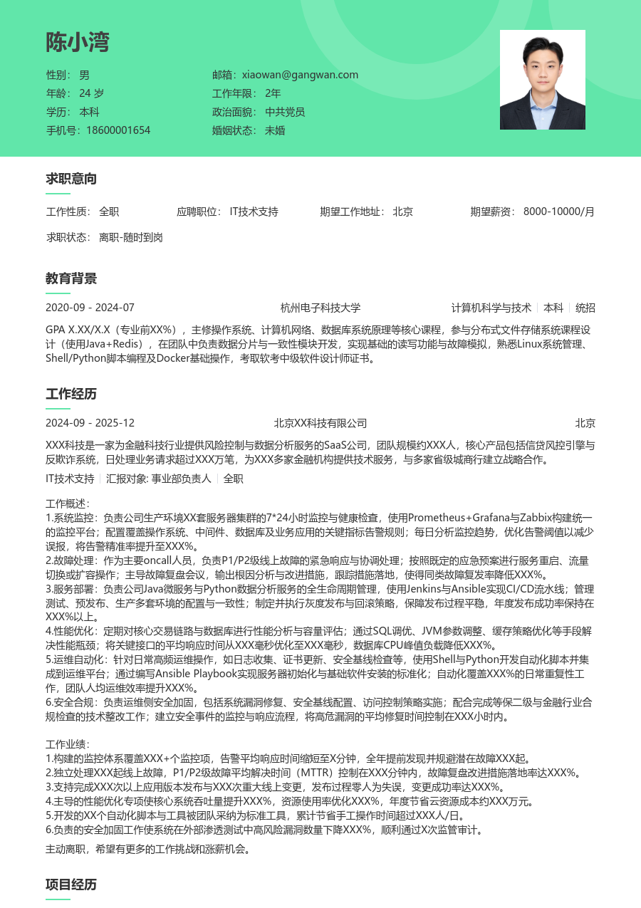中级IT技术支持利落简历模板