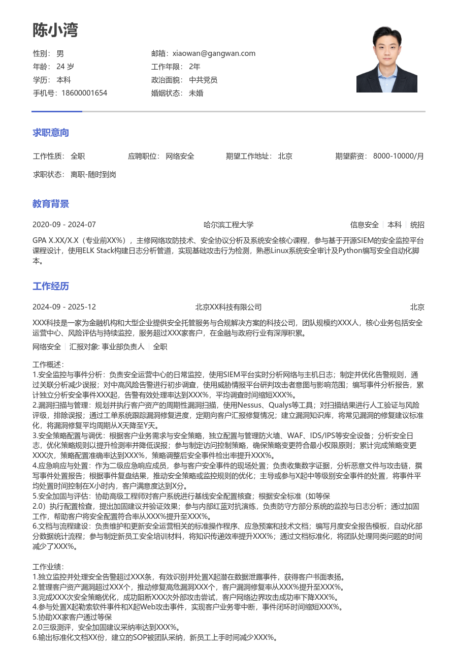 初级网络安全实用简历模板