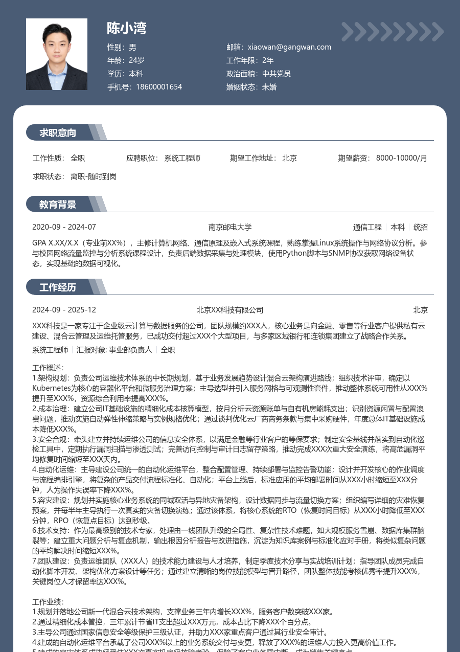 高级系统工程师经典简历模板