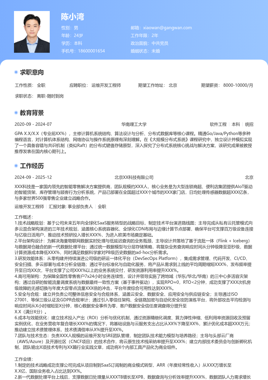 高级运维开发工程师精致简历模板 - 包含工作经历、项目经验的运维开发工程师简历模板预览图