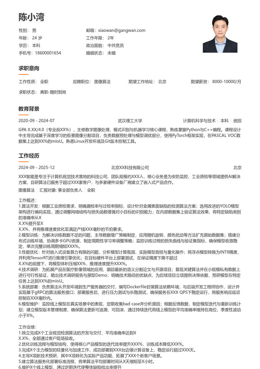 中级图像算法简约简历模板