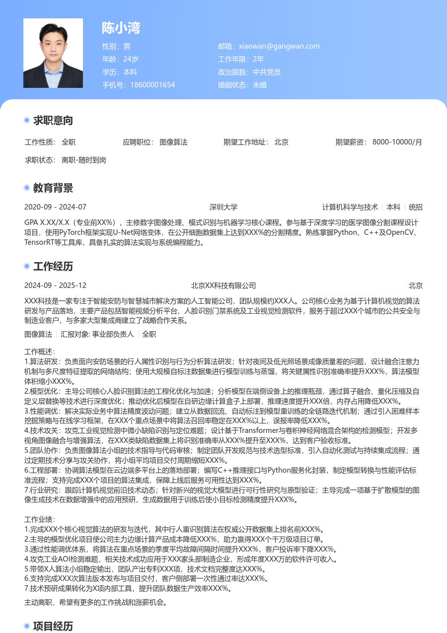 高级图像算法现代简历模板