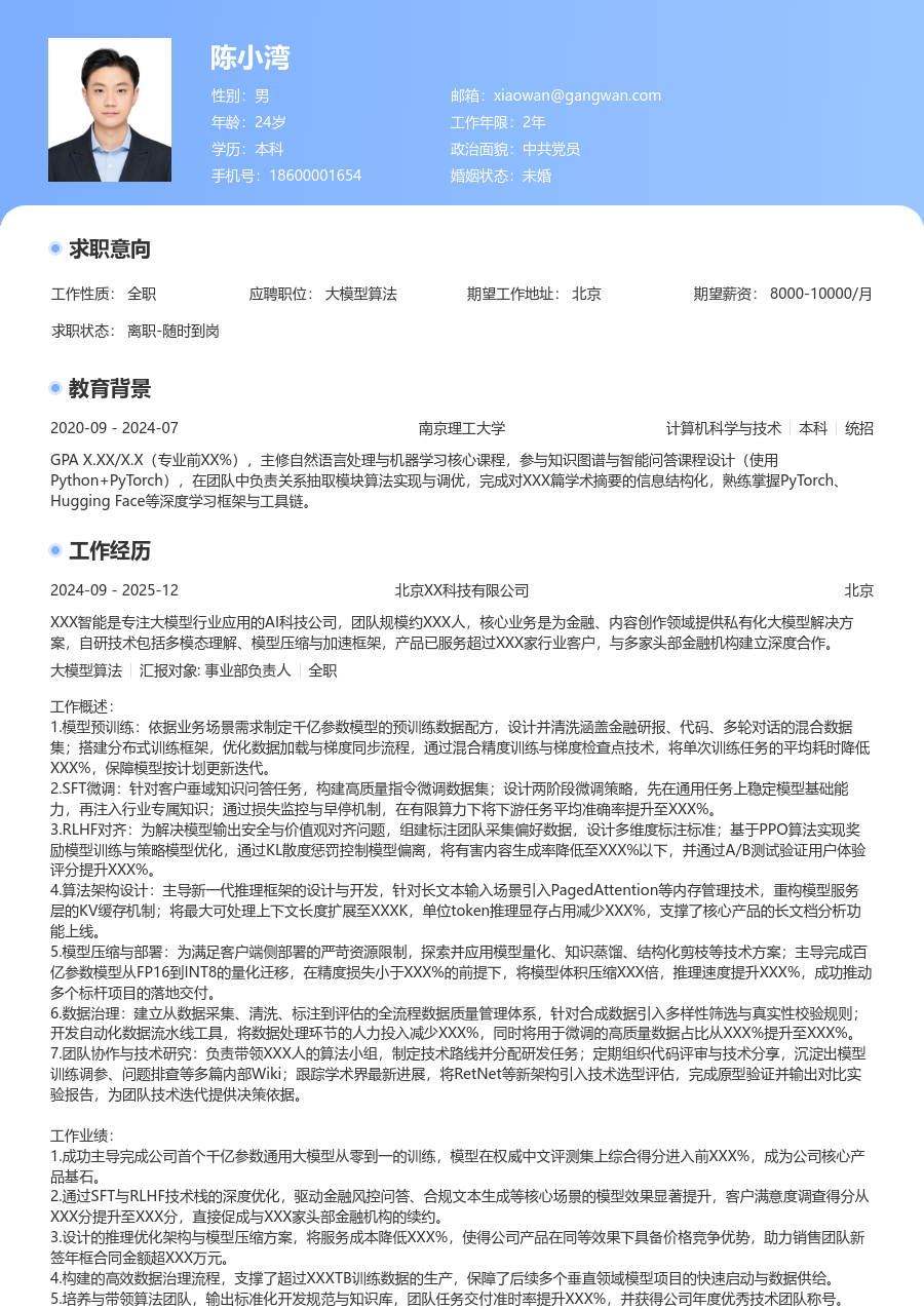 高级大模型算法现代简历模板 - 包含工作经历、项目经验的大模型算法简历模板预览图