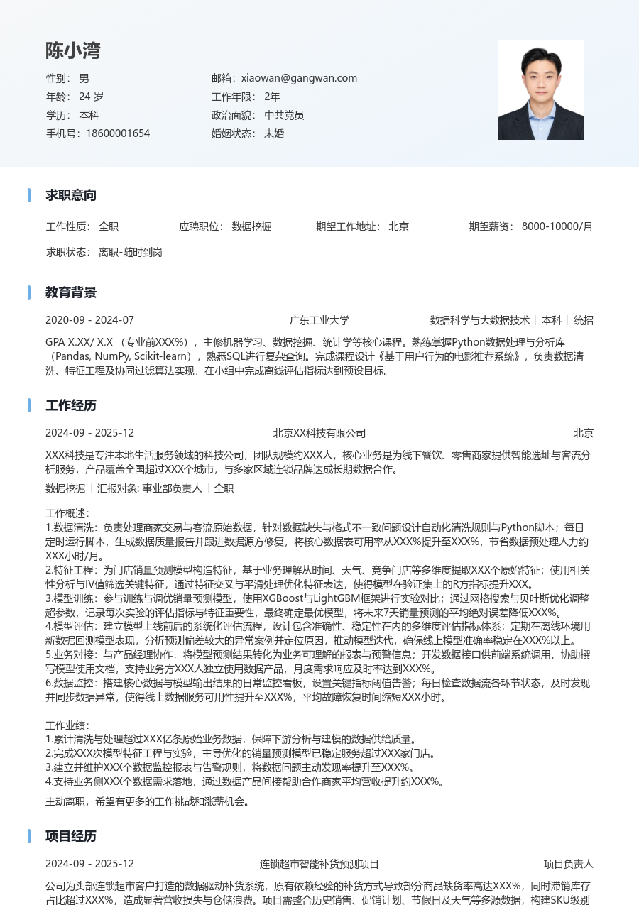 初级数据挖掘大气简历模板