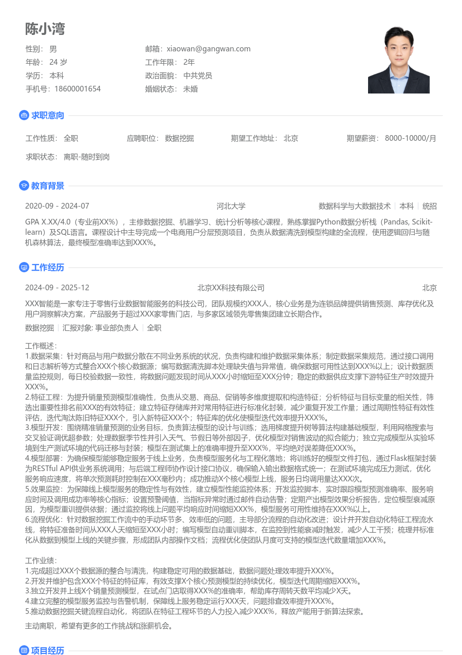 中级数据挖掘干练简历模板