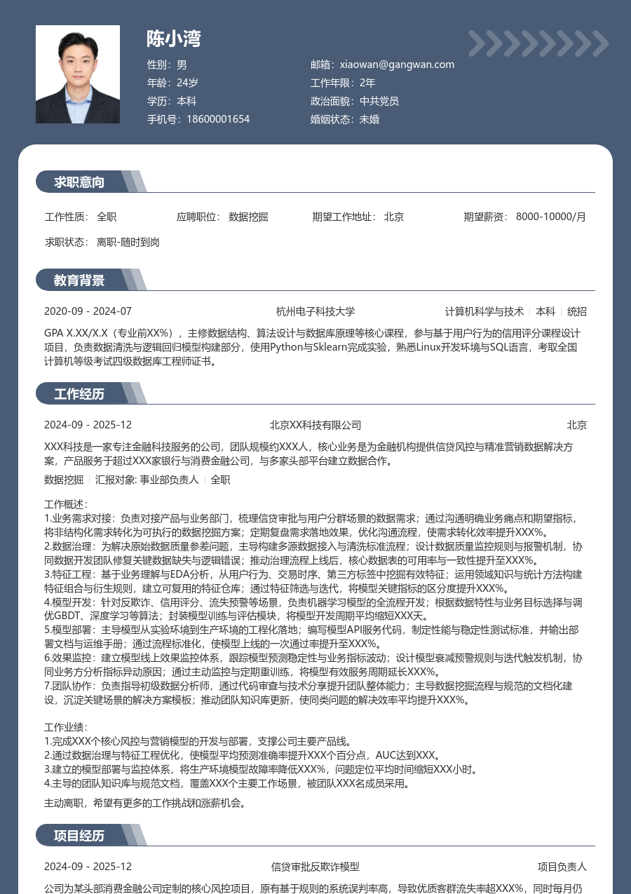 资深数据挖掘简约简历模板