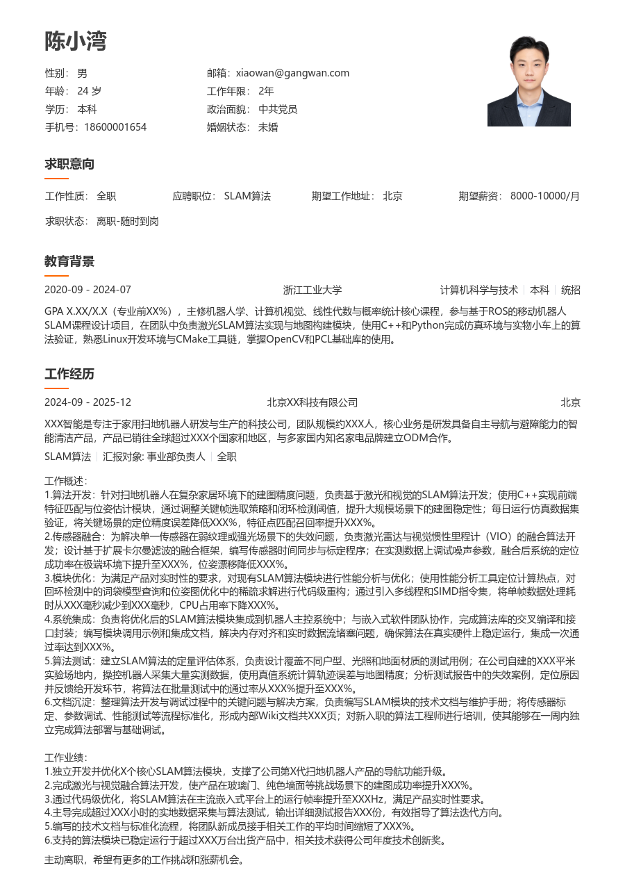 初级SLAM算法舒适简历模板