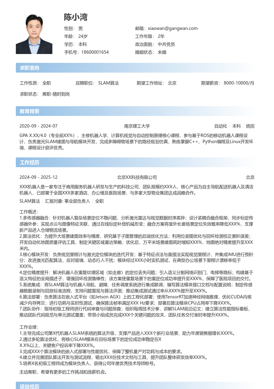 高级SLAM算法简约简历模板