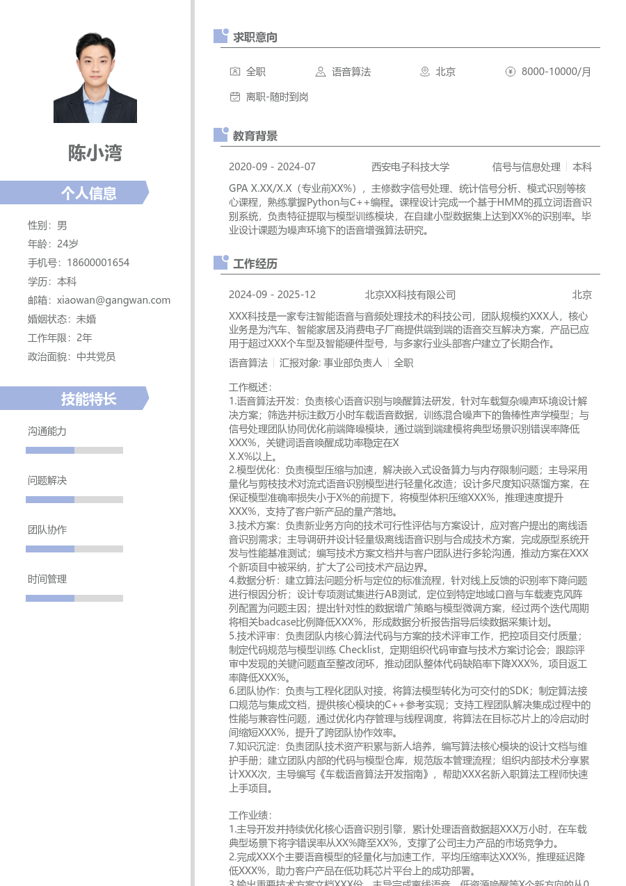 资深语音算法创意简历模板