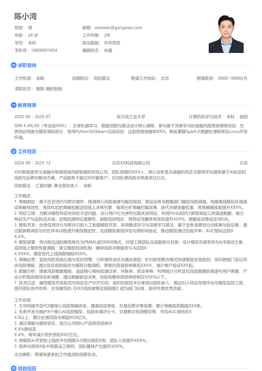 高级风控算法干练简历模板