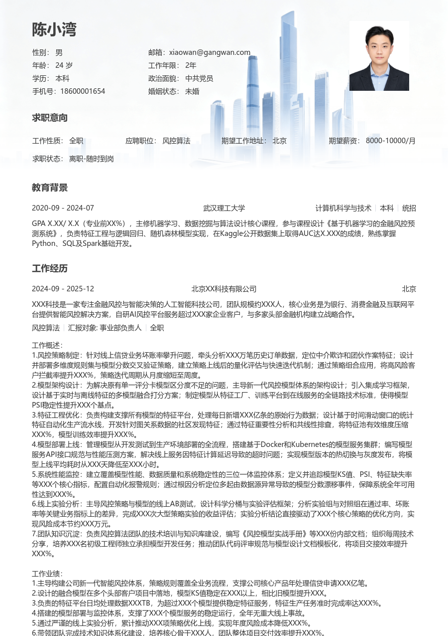 资深风控算法清新简历模板