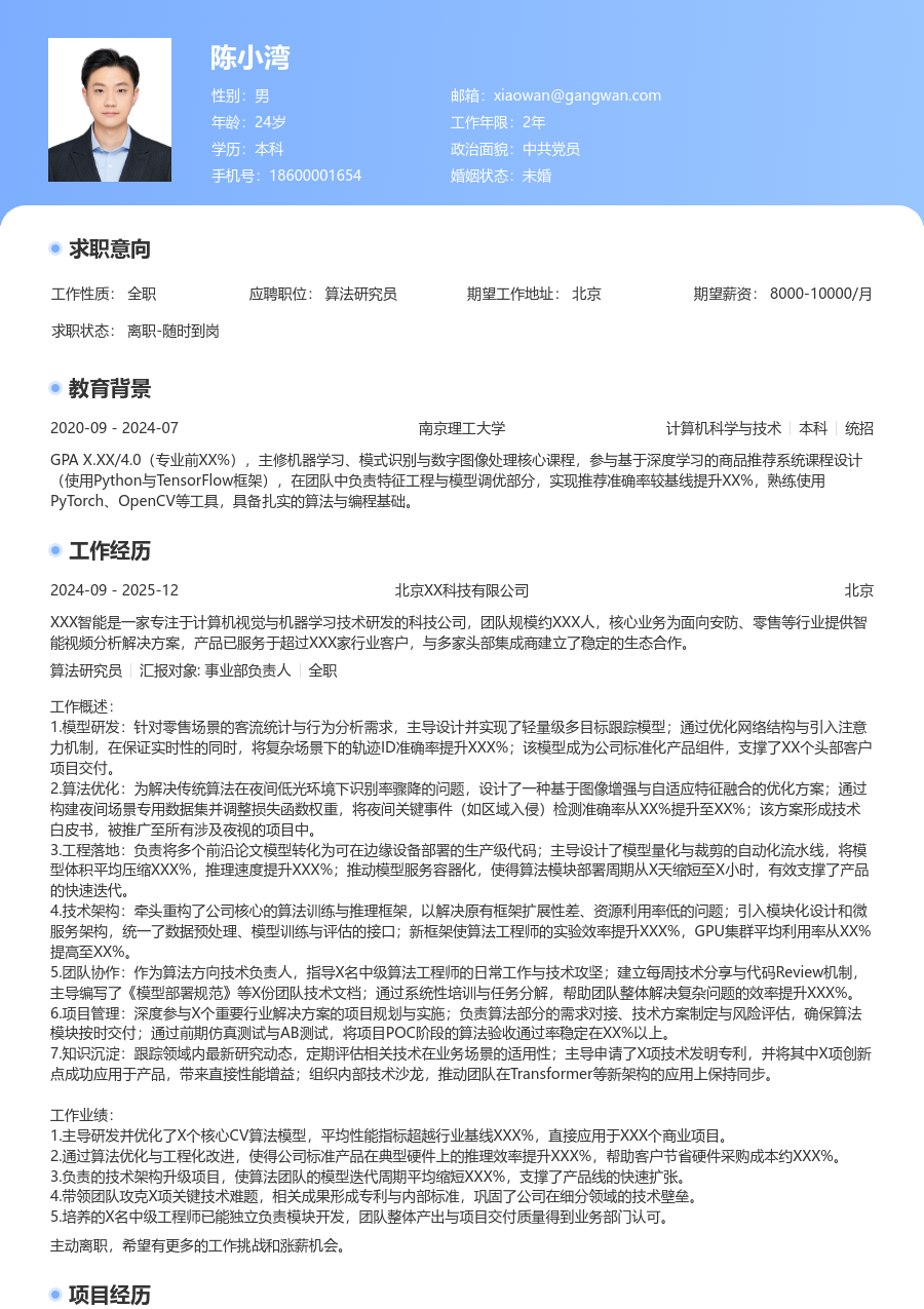 高级算法研究员现代简历模板