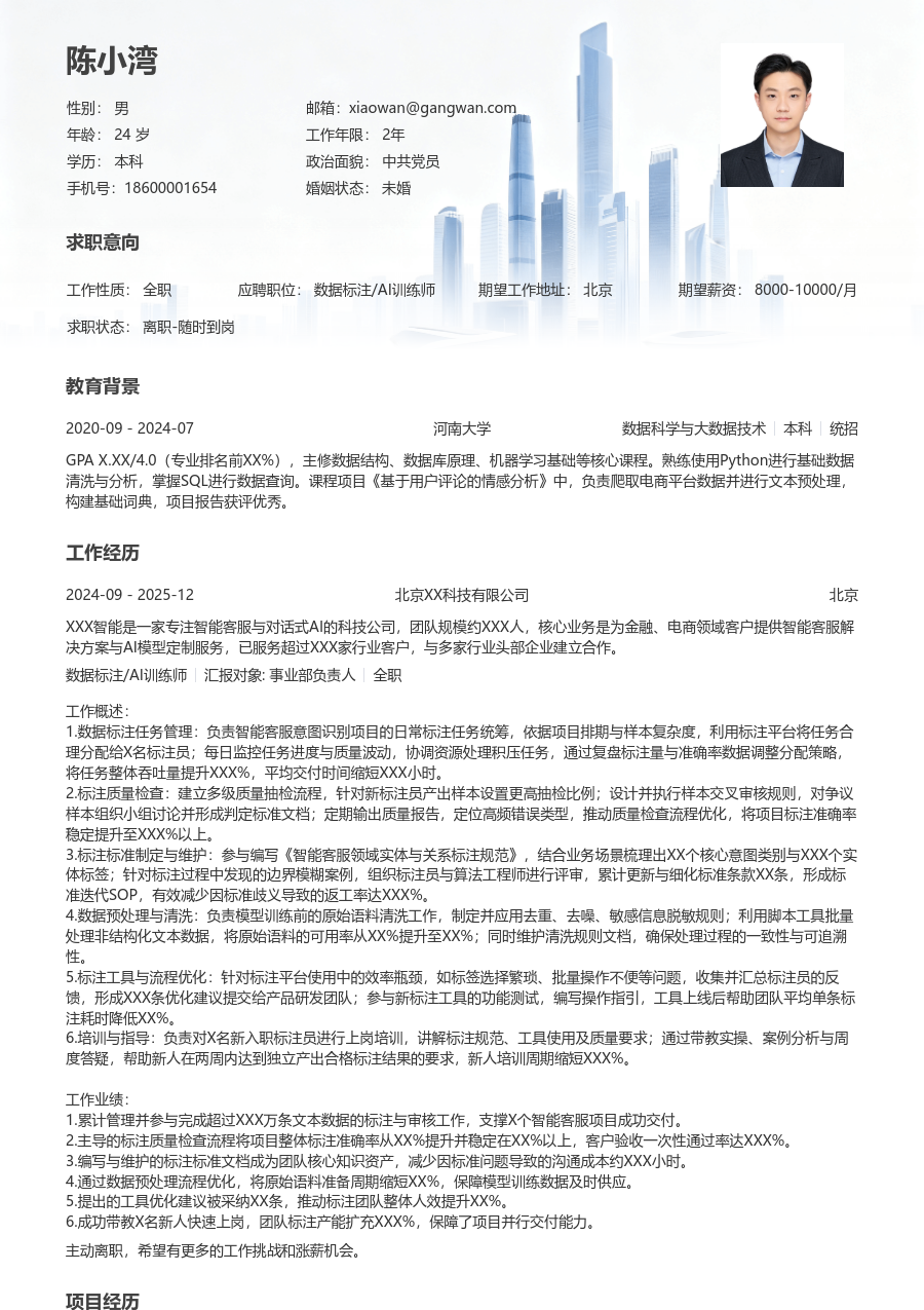 初级数据标注/AI训练师简约简历模板