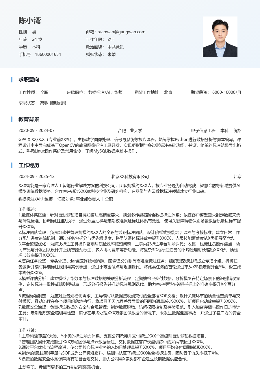 高级数据标注/AI训练师干练简历模板