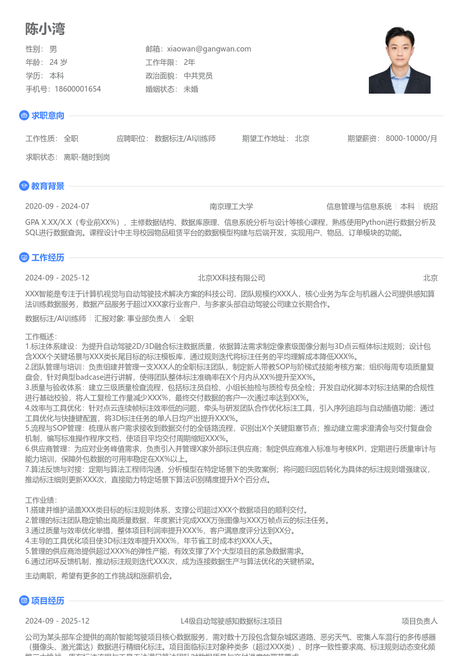 资深数据标注/AI训练师简洁简历模板 - 包含工作经历、项目经验的数据标注/AI训练师简历模板预览图