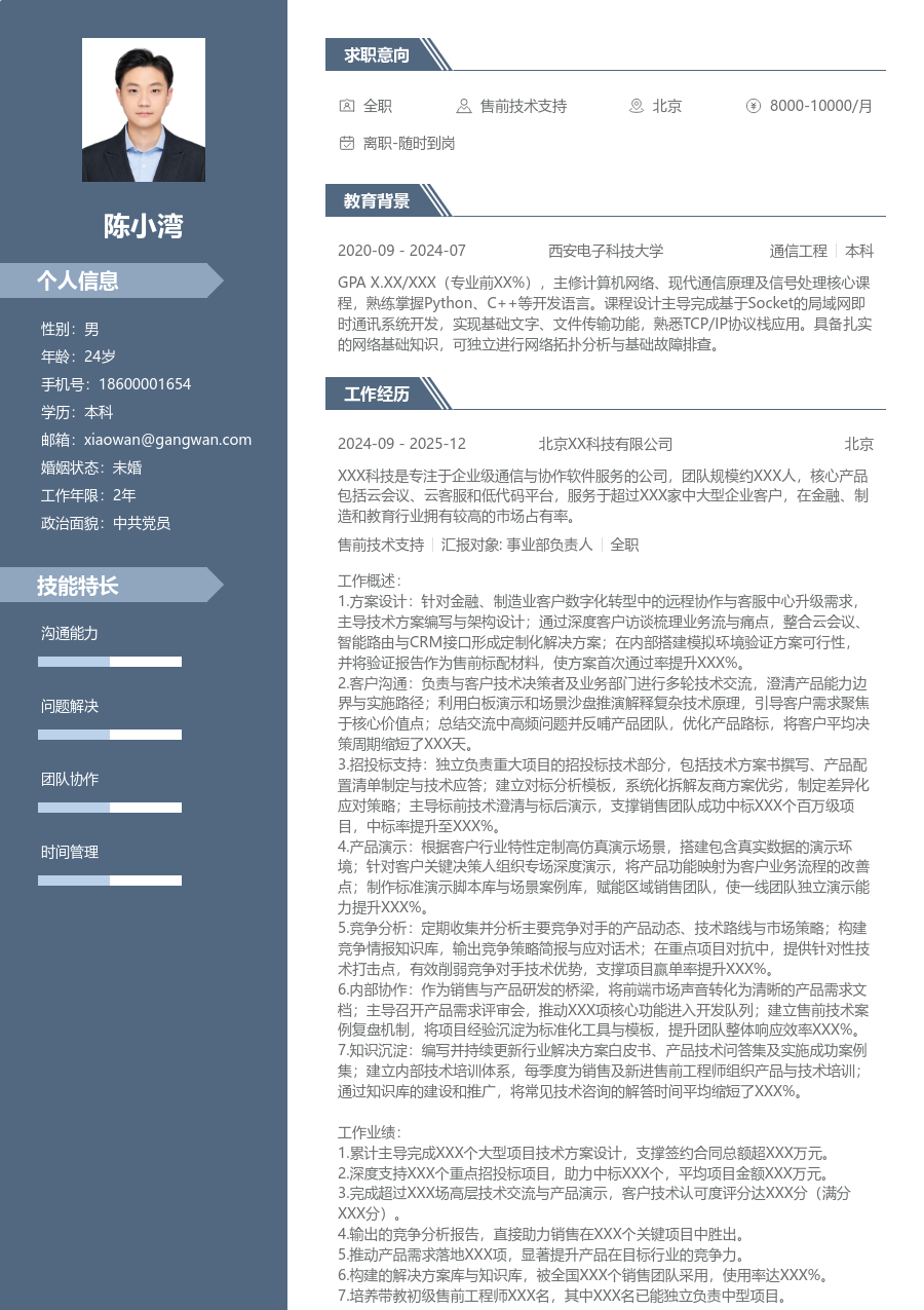 高级售前技术支持专业简历模板