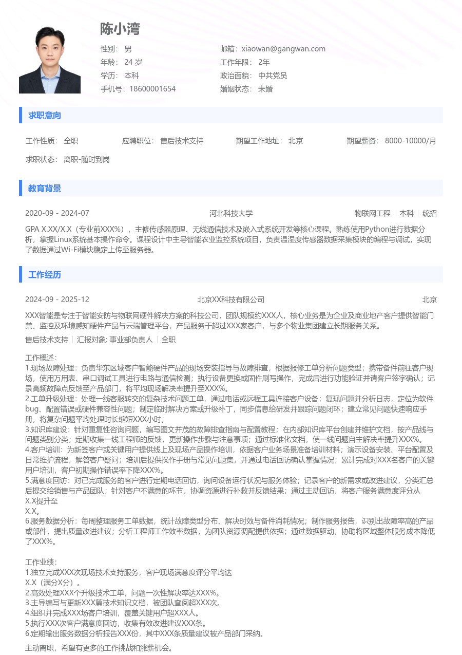 初级售后技术支持极简简历模板