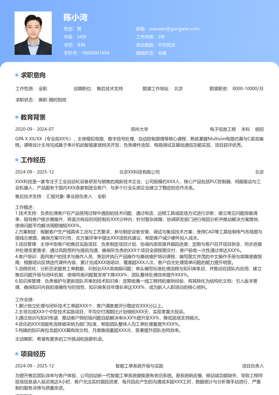 中级售后技术支持创新简历模板