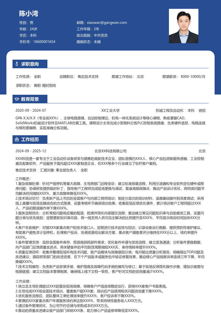 高级售后技术支持整洁简历模板