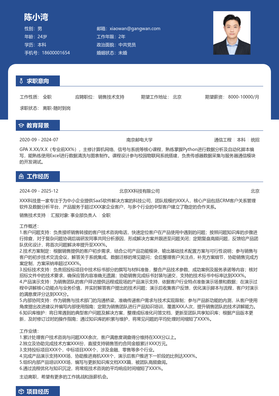 初级销售技术支持清爽简历模板