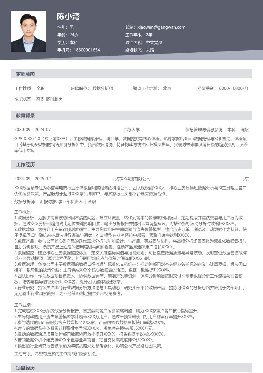 资深数据分析师科技简历模板