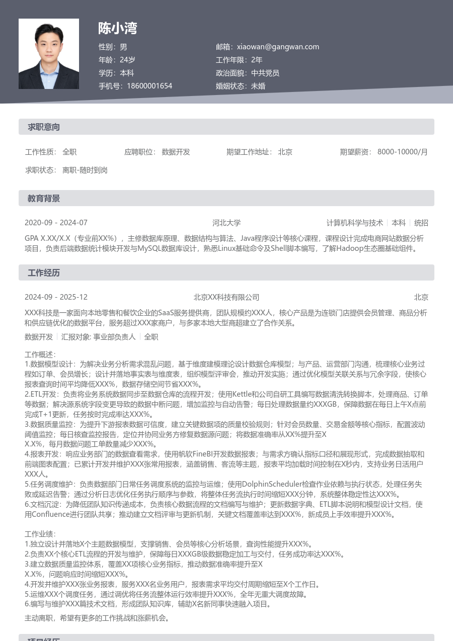 初级数据开发高效简历模板